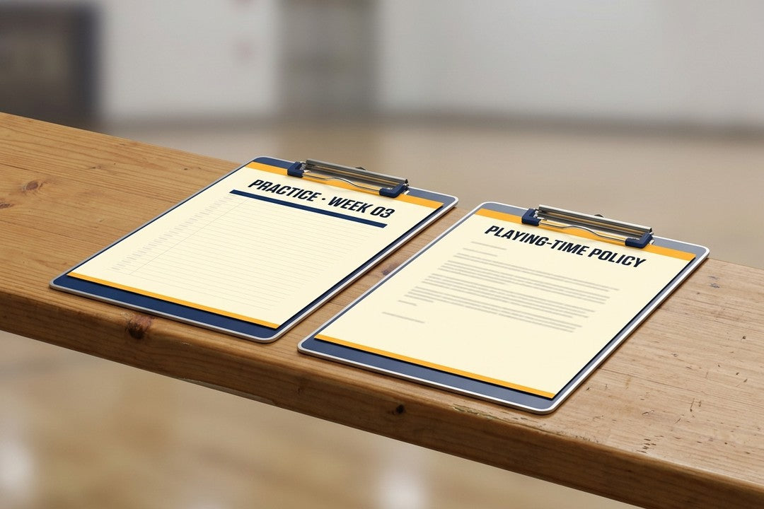 A two-sided clipboard: a practice page on the front, the playing-time policy on the back
