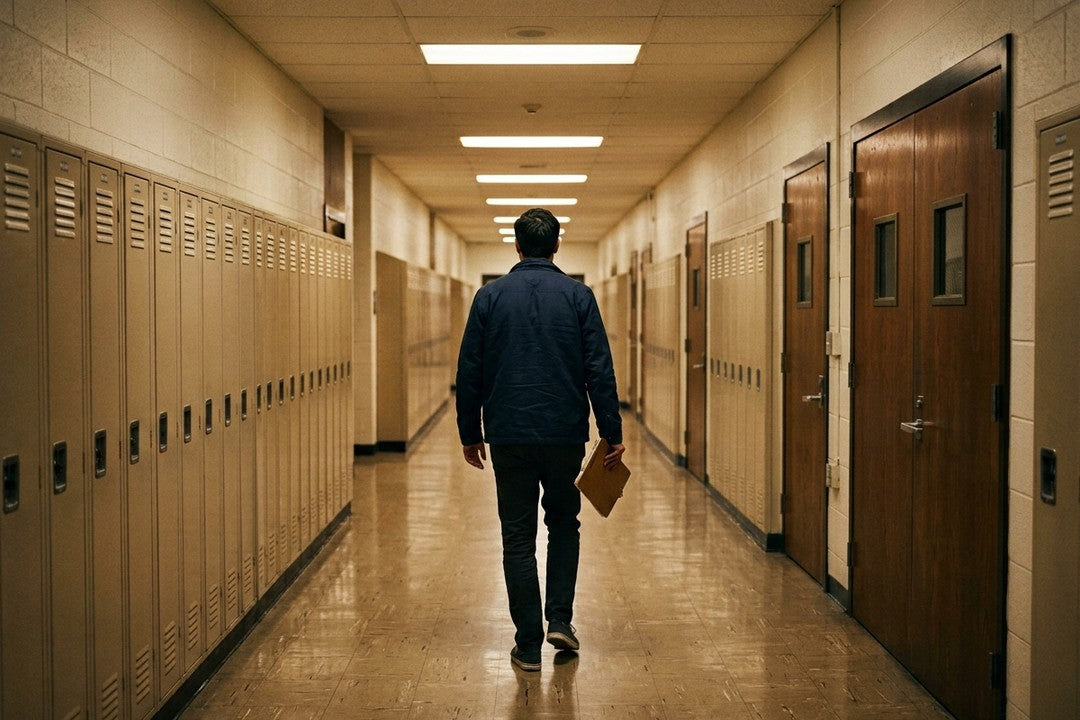 An empty school hallway outside the gym after a game, a coach walking out with a clipboard