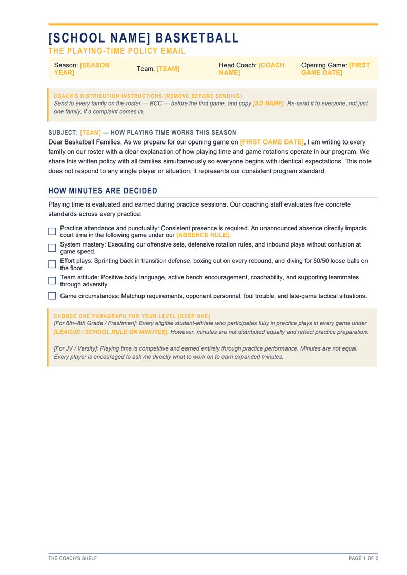 The playing-time policy email template with fields for the school name, team and first game date