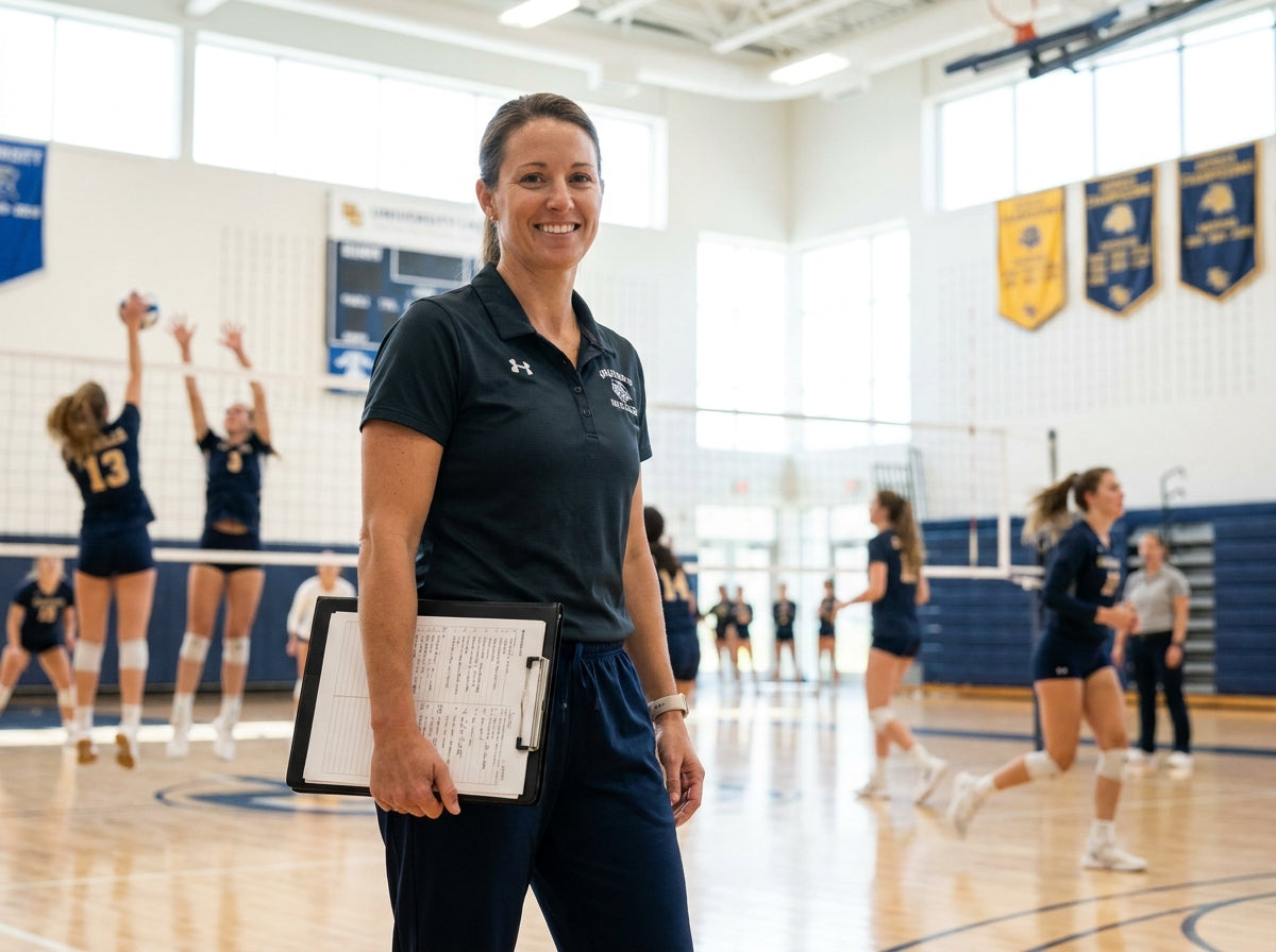 Coach holding printed volleyball practice plan on court