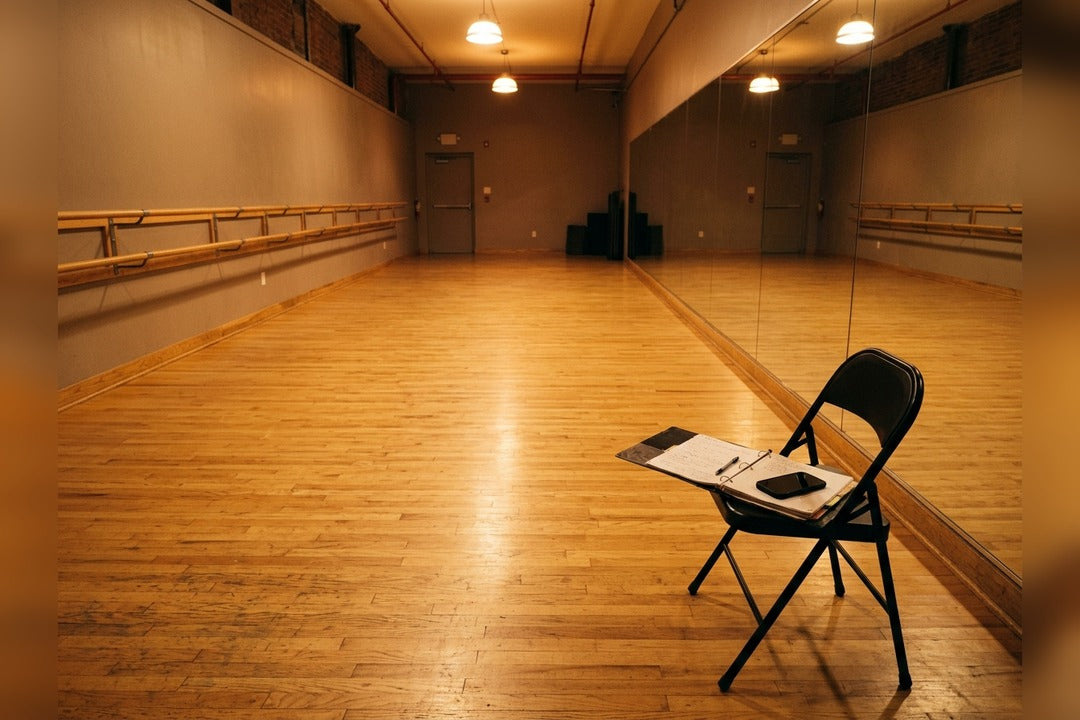 An empty dance studio at night: wooden floor, barre, mirror and a class folder open on a chair