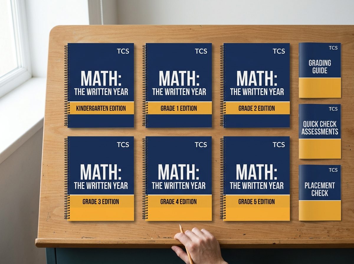 The six grade editions of Math: The Written Year, Kindergarten to Grade 5, with the Grade 3 edition open to a lesson and the three bonus booklets