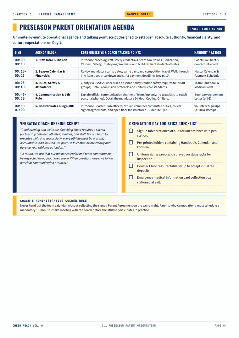 Sample page — Parent orientation checklist and season budget guide