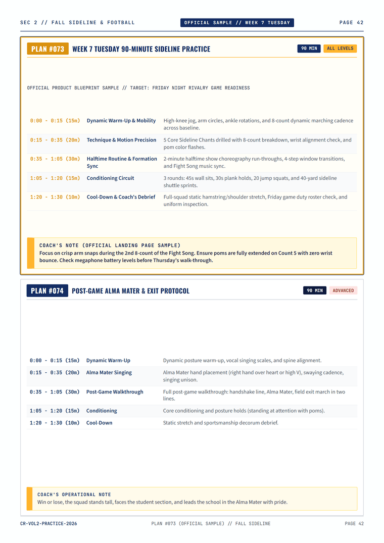 Sample page — Week 7 Tuesday, 90-minute sideline practice plan